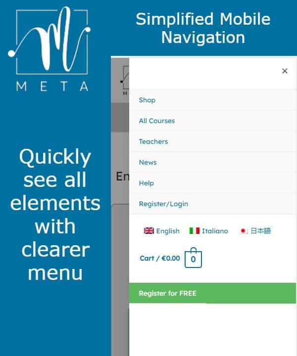 META learn English online mobile navigation updated to be simpler and clearer to use